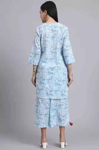 Women  blue cotton printed & hand work co-ord set (set of 2)