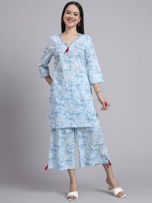 Women blue cotton printed & hand work co-ord set (set of 2) 4