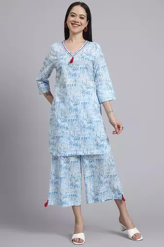 Women  blue cotton printed & hand work co-ord set (set of 2)