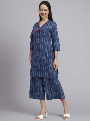 Women blue cotton printed & hand work co-ord set (set of 2) 1