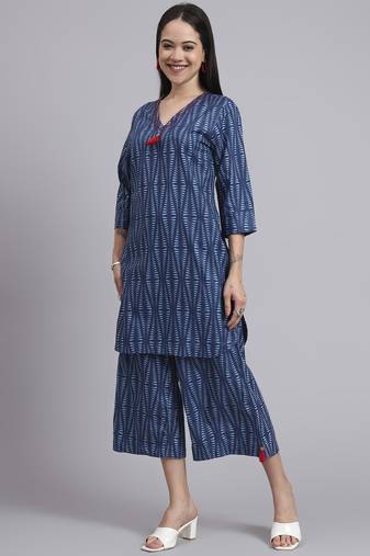 Women  blue cotton printed & hand work co-ord set (set of 2)