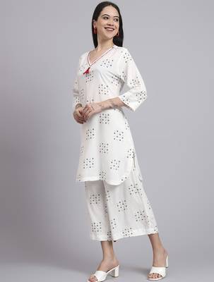 Women cream rayon printed & hand work co-ord set (set of 2) 1