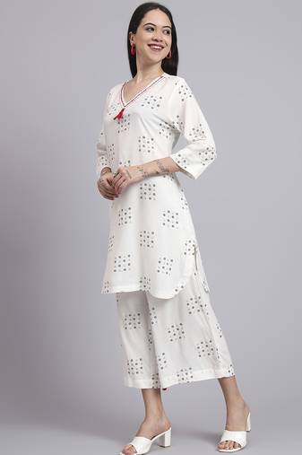 Women  cream rayon printed & hand work co-ord set (set of 2)