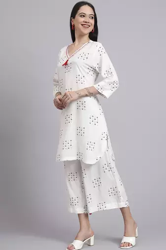 Women  cream rayon printed & hand work co-ord set (set of 2)