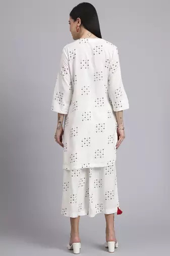 Women cream rayon printed & hand work co-ord set (set of 2)