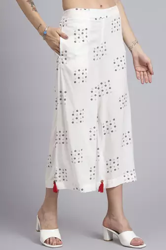 Women cream rayon printed & hand work co-ord set (set of 2)