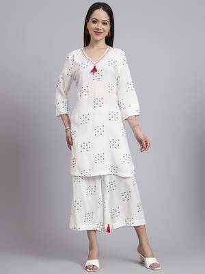 Women cream rayon printed & hand work co-ord set (set of 2) 5
