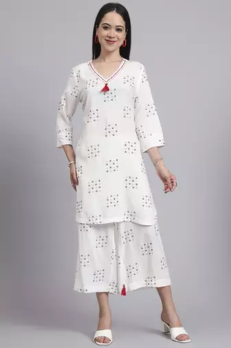 Women cream rayon printed & hand work co-ord set (set of 2)
