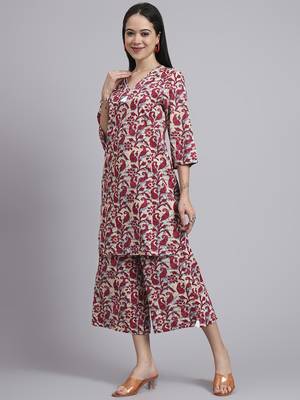 Women red cotton printed & hand work co-ord set (set of 2) 1