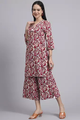 Women  red cotton printed & hand work co-ord set (set of 2)