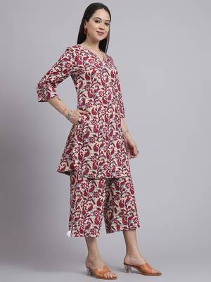Women red cotton printed & hand work co-ord set (set of 2) 2