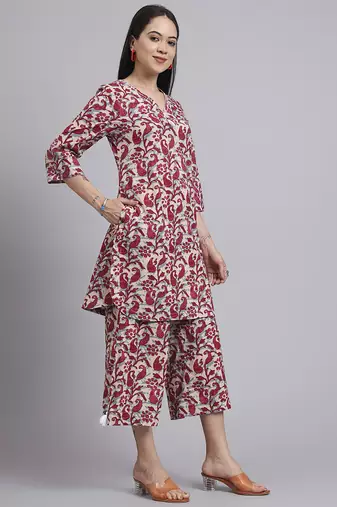 Women  red cotton printed & hand work co-ord set (set of 2)
