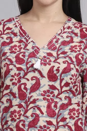 Women  red cotton printed & hand work co-ord set (set of 2)
