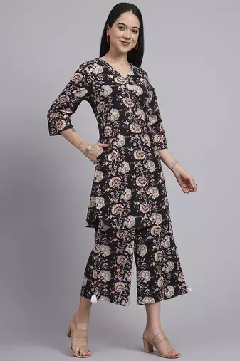 Women black cotton printed & hand work co-ord set (set of 2)