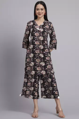 Women black cotton printed & hand work co-ord set (set of 2)
