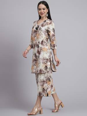 Women cream cotton printed & hand work co-ord set (set of 2) 1