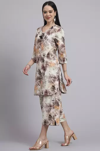 Women  cream cotton printed & hand work co-ord set (set of 2)