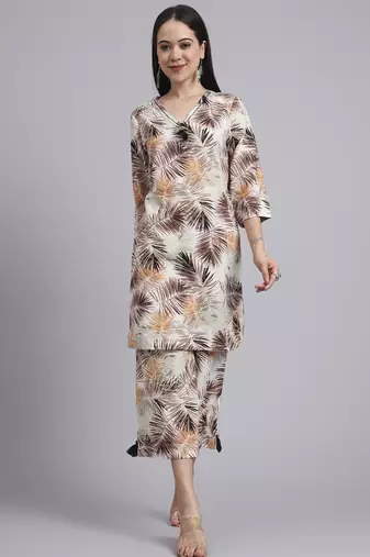 Women cream cotton printed & hand work co-ord set (set of 2)