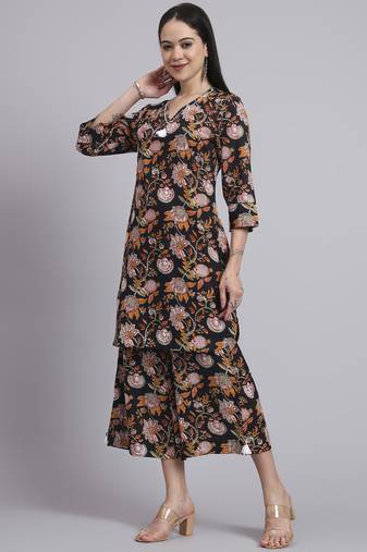 Women  black cotton printed & hand work co-ord set (set of 2)