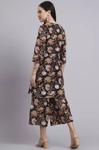 Women black cotton printed & hand work co-ord set (set of 2)