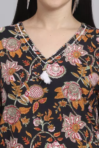 Women black cotton printed & hand work co-ord set (set of 2)