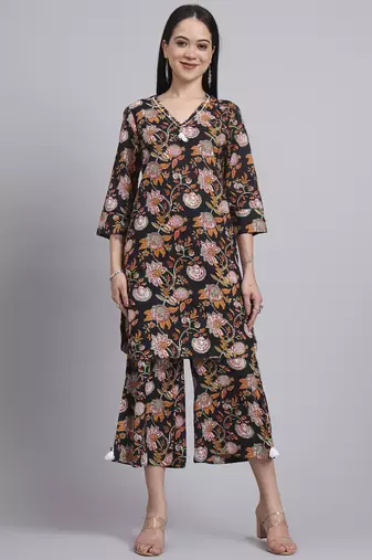 Women black cotton printed & hand work co-ord set (set of 2)