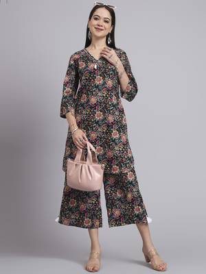 Women black cotton printed & hand work co-ord set (set of 2) 1