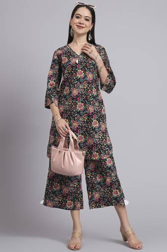 Women  black cotton printed & hand work co-ord set (set of 2)