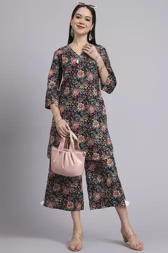 Women  black cotton printed & hand work co-ord set (set of 2)