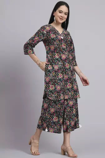 Women black cotton printed & hand work co-ord set (set of 2)