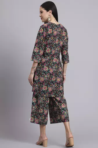 Women black cotton printed & hand work co-ord set (set of 2)