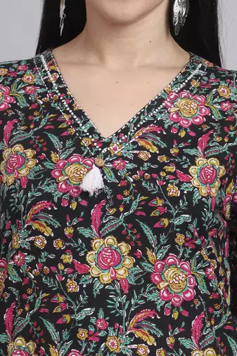 Women black cotton printed & hand work co-ord set (set of 2)