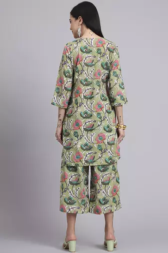 Women green cotton printed & hand work co-ord set (set of 2)