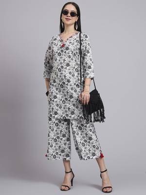 Women cream cotton printed & hand work co-ord set (set of 2) 1