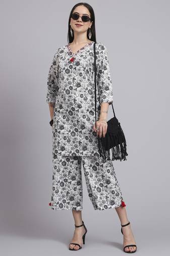 Women  cream cotton printed & hand work co-ord set (set of 2)