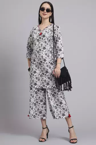 Women  cream cotton printed & hand work co-ord set (set of 2)