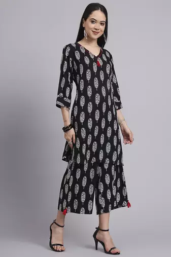 Women black rayon printed & hand work co-ord set (set of 2)