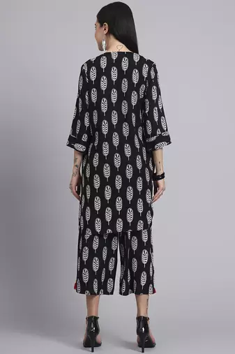 Women black rayon printed & hand work co-ord set (set of 2)