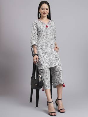 Women cream cotton printed & hand work co-ord set (set of 2) 1