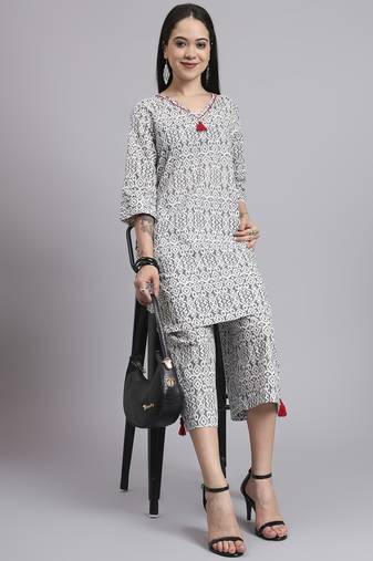 Women  cream cotton printed & hand work co-ord set (set of 2)