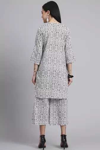 Women cream cotton printed & hand work co-ord set (set of 2)