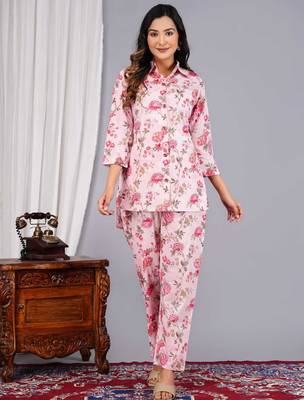 Women pink cotton printed & hand work straight kurta bottom set 1