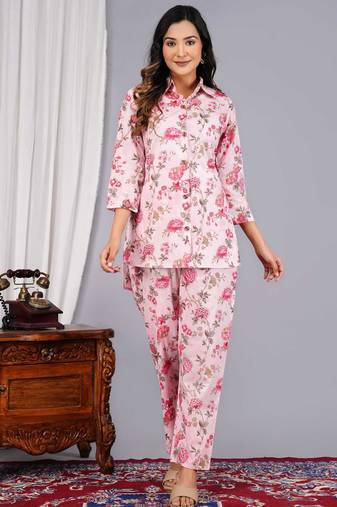 Women pink cotton printed & hand work straight kurta bottom set