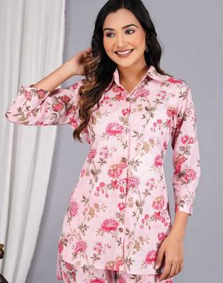 Women pink cotton printed & hand work straight kurta bottom set 2