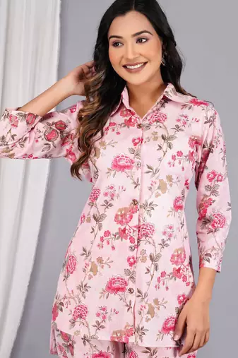Women pink cotton printed & hand work straight kurta bottom set