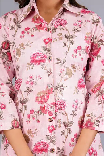 Women pink cotton printed & hand work straight kurta bottom set