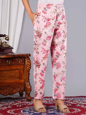 Women pink cotton printed & hand work straight kurta bottom set 4