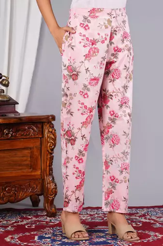Women pink cotton printed & hand work straight kurta bottom set