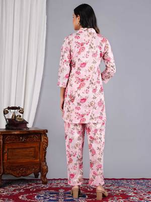 Women pink cotton printed & hand work straight kurta bottom set 5