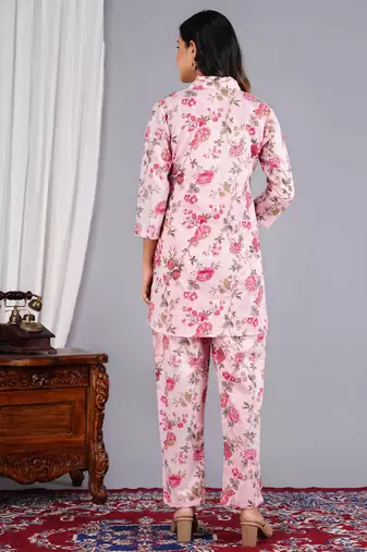 Women pink cotton printed & hand work straight kurta bottom set